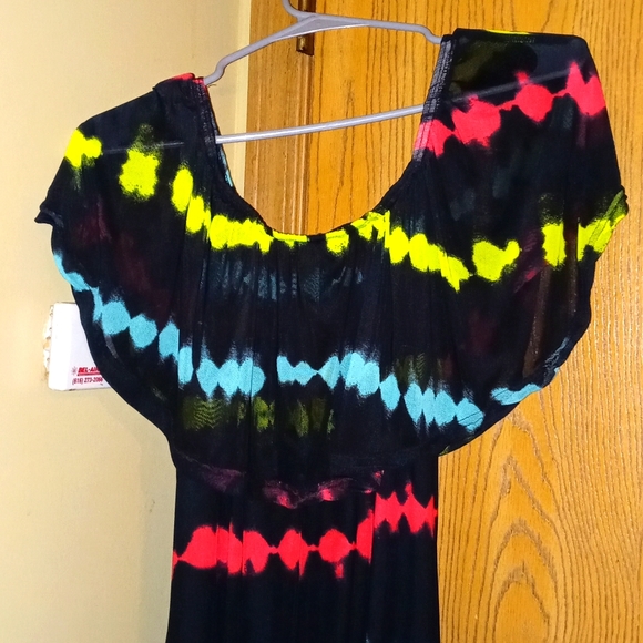"ROUGE COLLECTION" black/pink/blue/neon long sheer shoulder dress - Picture 2 of 3